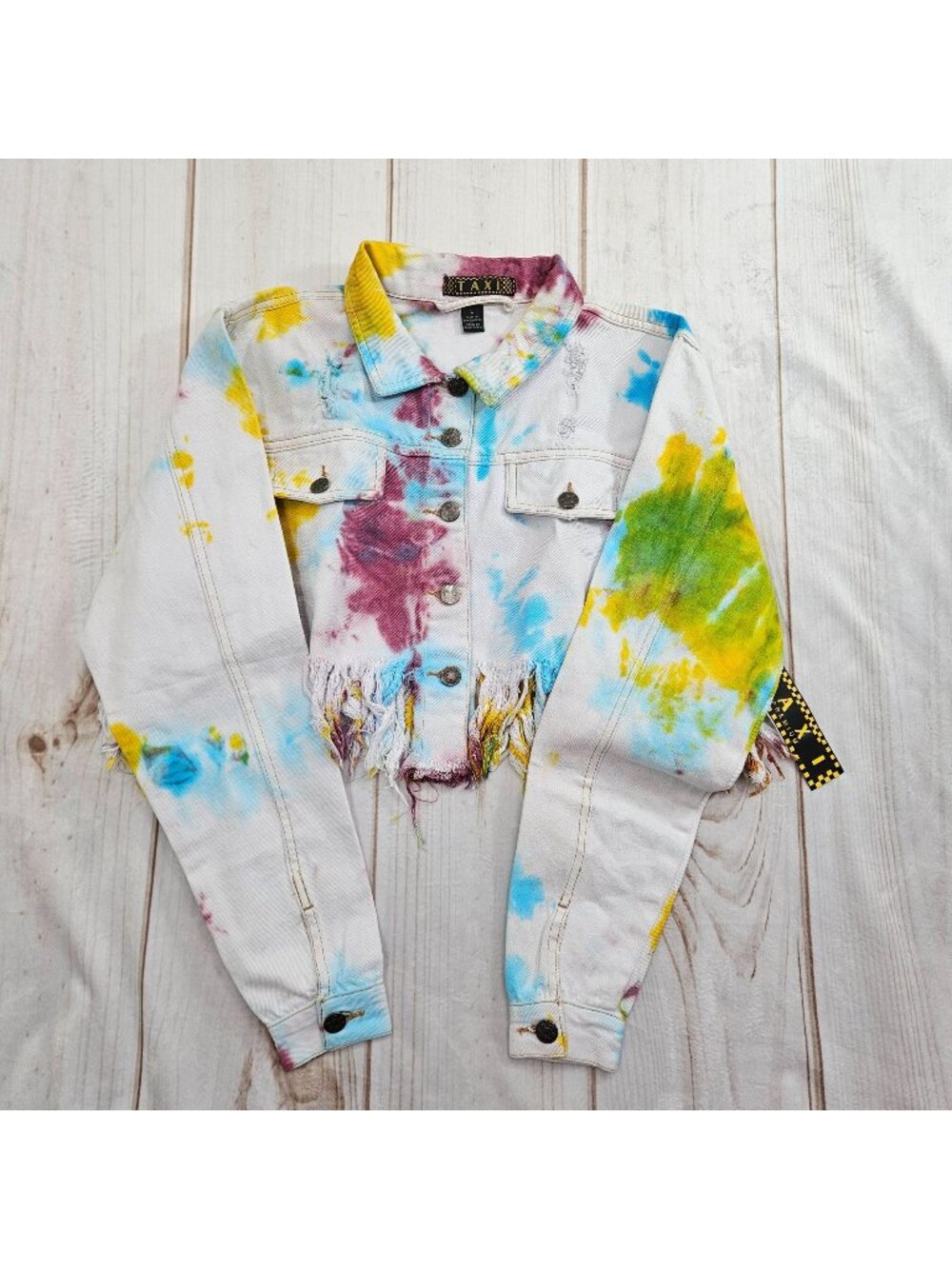Womens Jean Jacket L Tie Dye Fringe Crop Punk Festival Concert Grunge Skater New